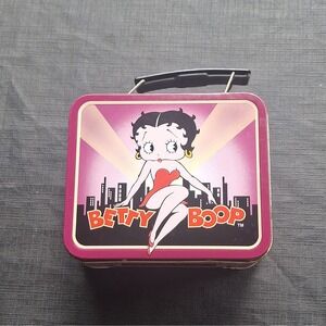 Vintage 1997 Betty Boop Mini Lunch Box Metal Hinged Tin Purple 5x6 Inch